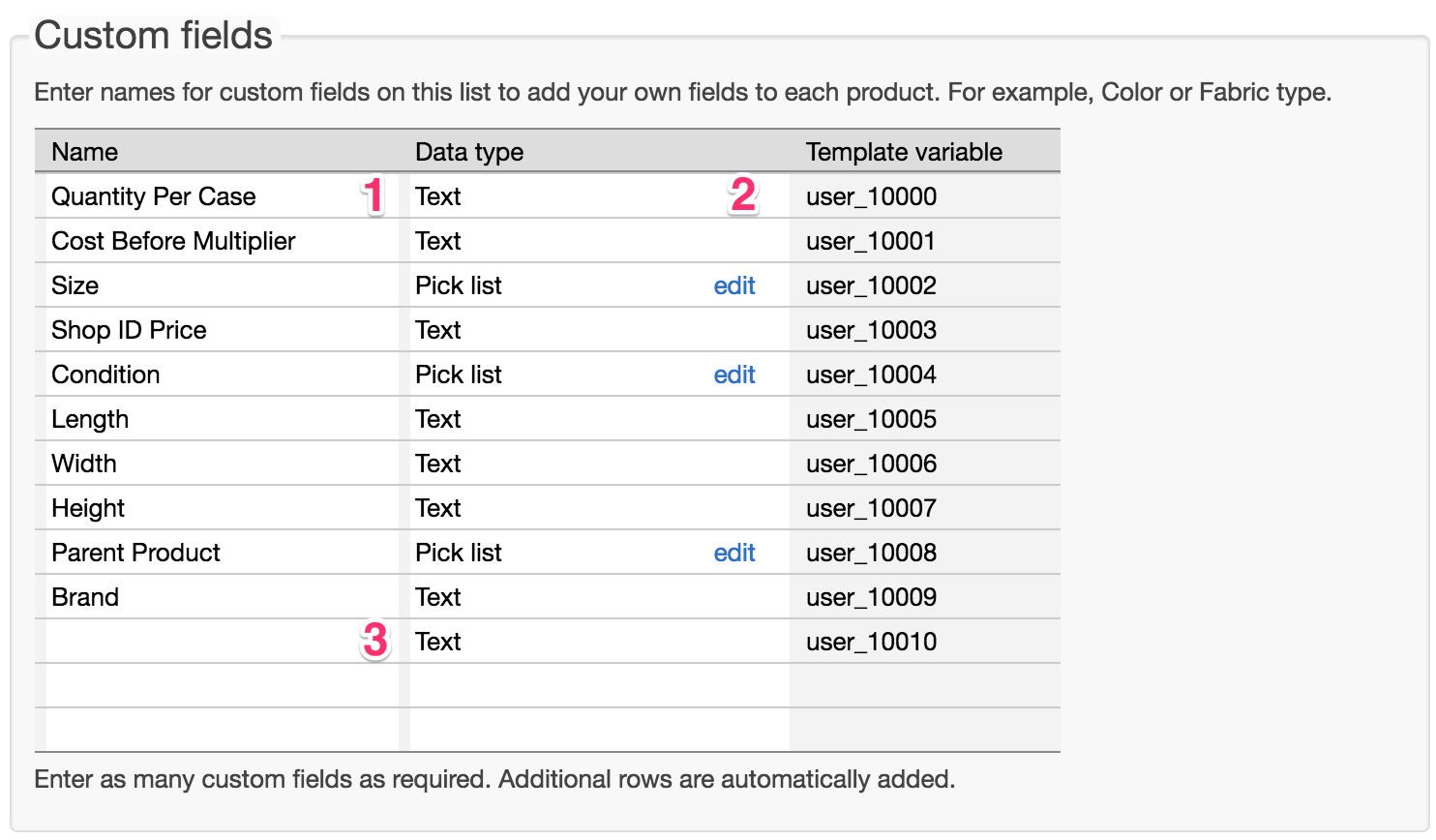 finale inventory predefined fields