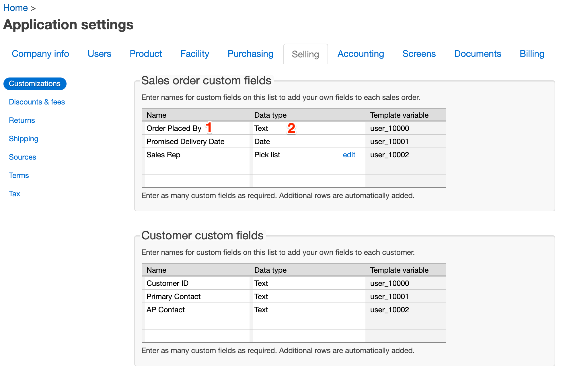 finale inventory predefined fields